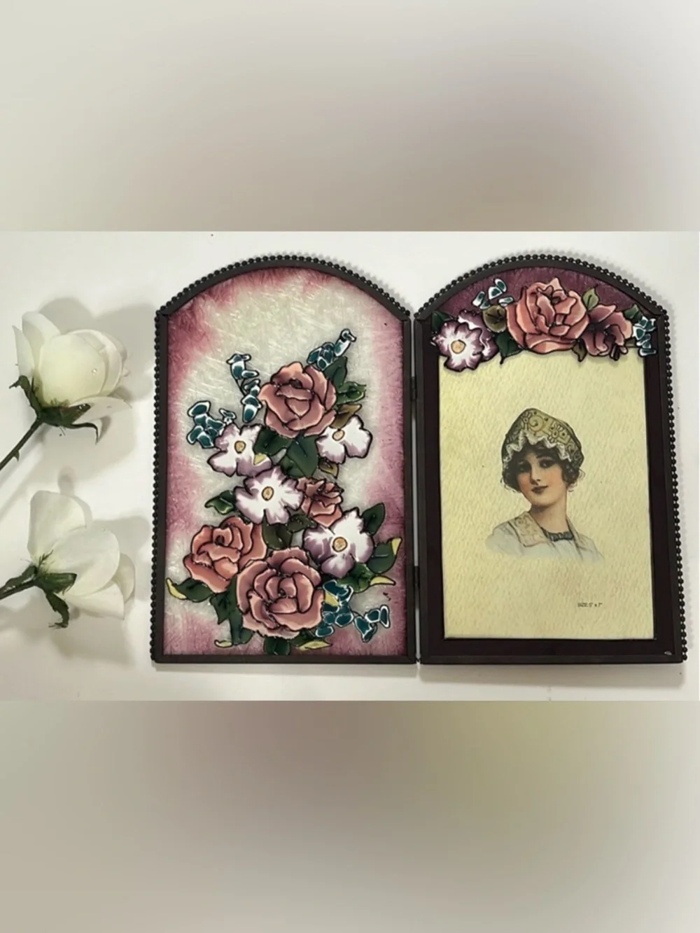 Vintage Stained Glass Bifold Floral Picture Frame